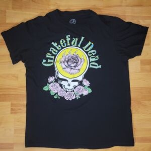 Grateful Dead Black Tee with Skull and Roses, Medium